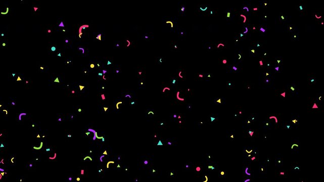 Seamless loop of falling colorful geometric confetti with a parallax depth effect and trigonometric wind sway. Transparent alpha channel.