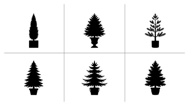 Christmas tree silhouettes set with potted fir and pine varieties for holiday design