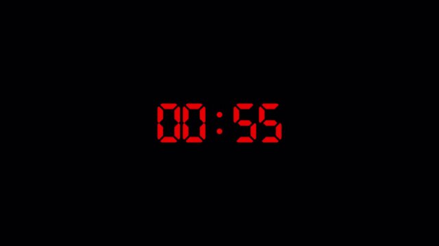 Digital 0ne minute countdown timer animation on transparent background in sixty seconds