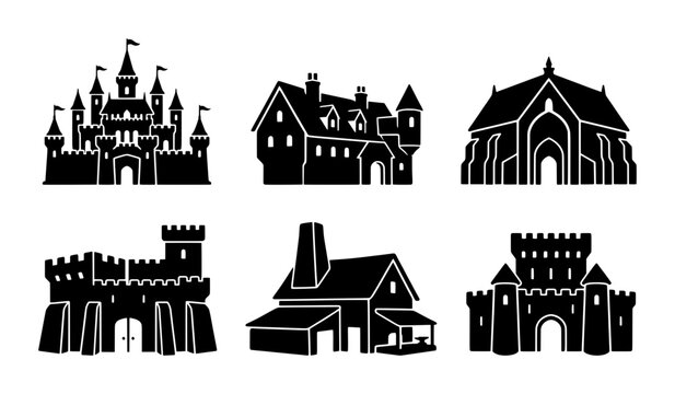 Castle silhouettes set with fortress, manor, and industrial building for historical or fantasy design