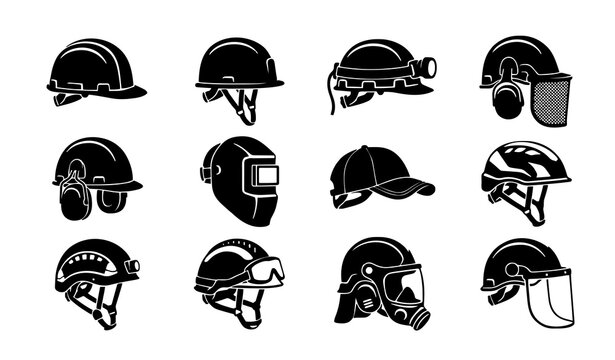 Untitled design - 1 12 Industrial Safety Helmet and Protective Hard Hat Black Silhouette Vector Icons