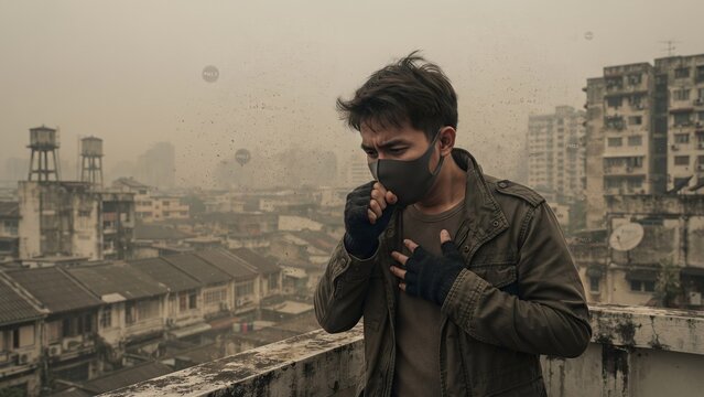 Man Coughing in Smoggy Urban Environment