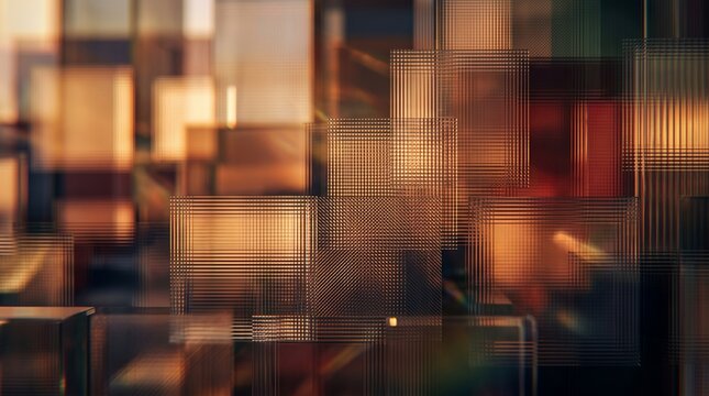 Stacked glass blocks reflecting golden light with geometric grid patterns
