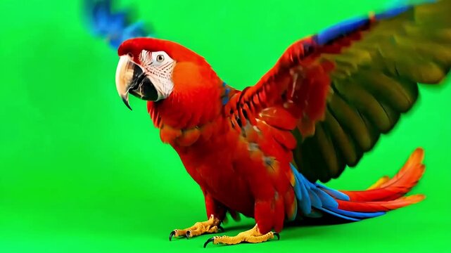 Scarlet macaw parrot flapping its colorful wings wildly against a vibrant green chroma key background video clip