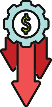 Dollar sign inside a gear with red arrows pointing down representing financial loss