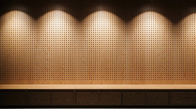 Empty wooden pegboard wall with uniform holes, warm spotlights. Minimalist storage system with light brown panels, dark wooden shelves. Clean geometric pattern background for retail shop, workshop