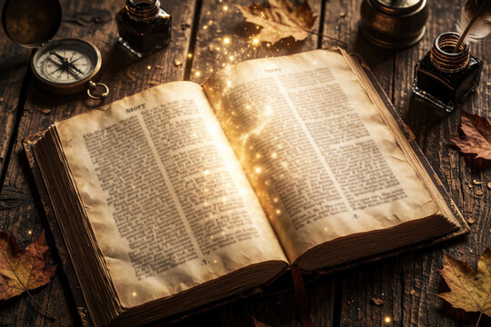 Open antique storybook glows with magical golden light on rustic wooden table. Vintage compass, ink bottles, autumn leaves surround old book. Fantasy magic sparkles emerge from pages, creating