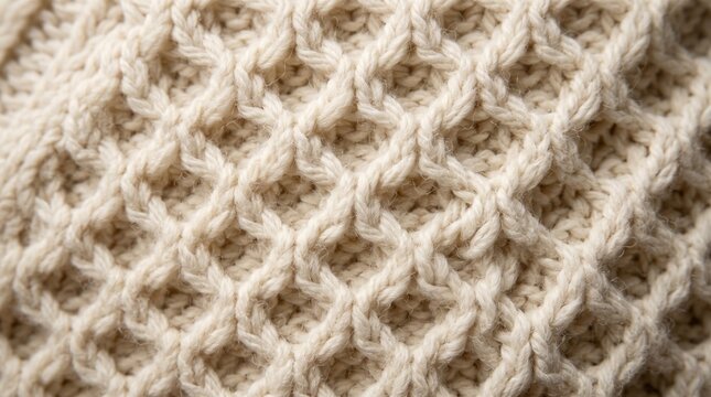 Full frame macro texture of ivory white chunky honeycomb knit merino wool sweater fabric