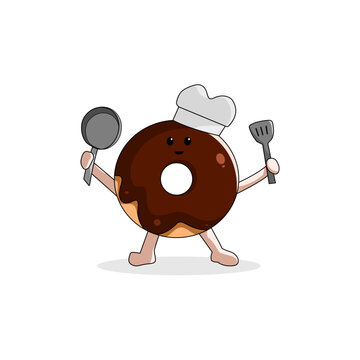 Vector illustration of a cute chocolate donut character wearing a chef's hat and holding a frying pan and a spatula.