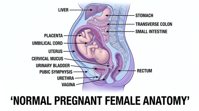 Cross section anatomy diagram of a normal pregnant female human body with medical illustration reproductive system internal organs pregnancy biology education health educatio