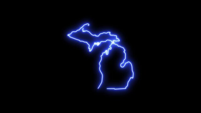 Glowing neon outline map of michigan state, animated blue light on black background
