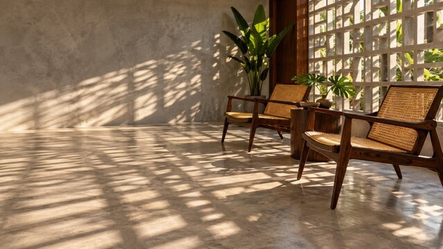 Natural sunlight casting geometric shadow pattern on floor near wooden chairs and green plants in bright room