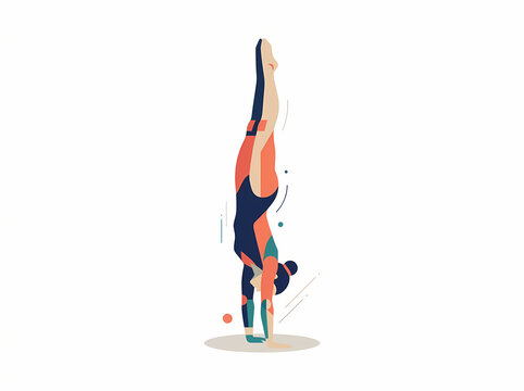 A female gymnast performing a perfectly balanced vertical handstand in a stylized flat illustration.
