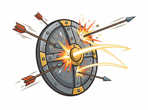 A medieval circular shield under heavy arrow fire with sparks and impact effects.