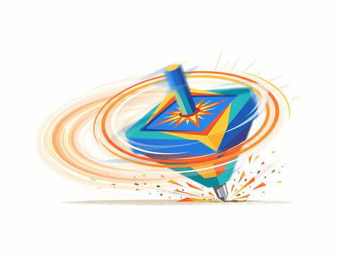A colorful spinning top toy rotating rapidly on a white surface.