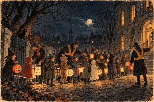 Families Lining Up With Lanterns Before an Evening Parade