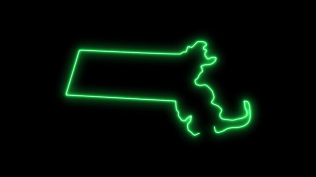 Glowing neon outline map of massachusetts state, usa, digital cartography animation