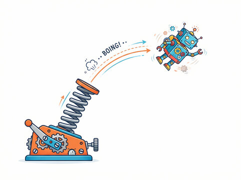 A playful illustration of a mechanical spring launcher catapulting a small blue robot into the air.