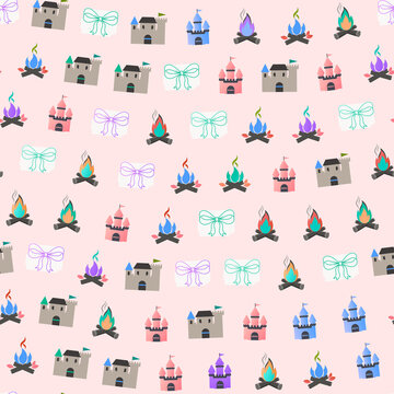 Pattern of cartoon castles, campfires, and bows