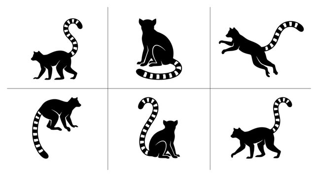 Ring-tailed lemur silhouettes set with figures in various poses for wildlife or zoo themes
