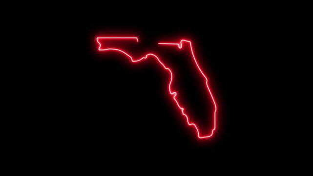 Neon red outline map of florida state glowing on black background