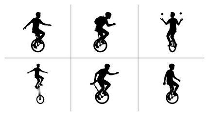 Unicyclist silhouettes set with figures performing tricks and juggling for sport or circus design © Mosed