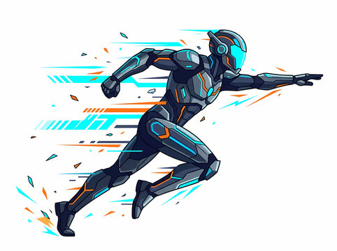 A futuristic cyborg athlete sprinting at high speed with dynamic motion effects.