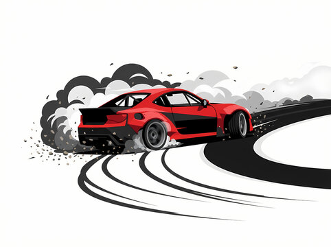 A vibrant red sports car performing a high speed drift maneuver.