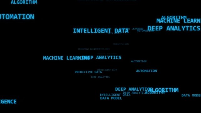 Artificial intelligence and machine learning technology floating text concepts in dark motion graphic video background clip