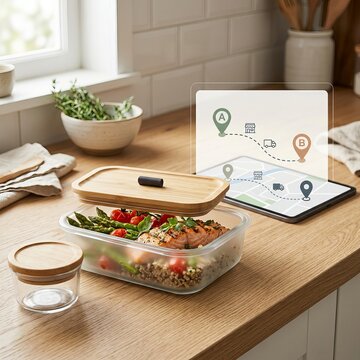 Healthy Meal Prep Container with Bamboo Lid and Fresh Ingredients.