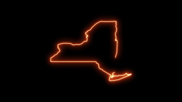 Glowing neon outline map of new york state, usa animated digital cartography