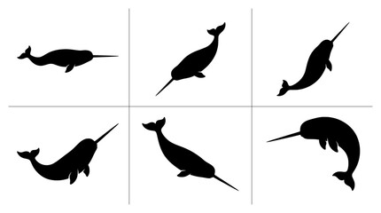 Narwhal silhouettes set with different poses for ocean life and arctic themes logo © Mellat