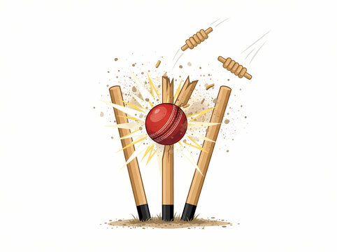 Cricket ball hitting the stumps and dislodging the bails.