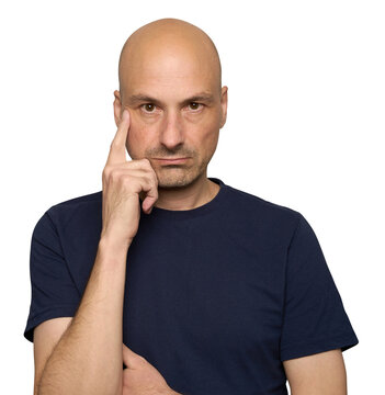 Thinking Bald Man. Contemplative Male in T-Shirt, isolated