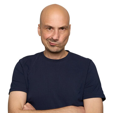 bald middle‑aged man with displeased expression on his face