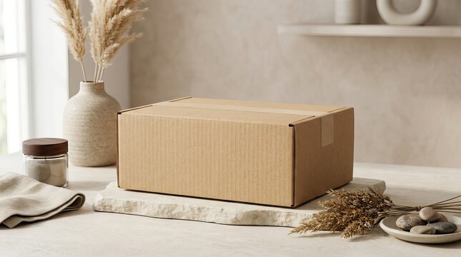Minimalist Cardboard Box on a Textured Surface with Dried Flowers.