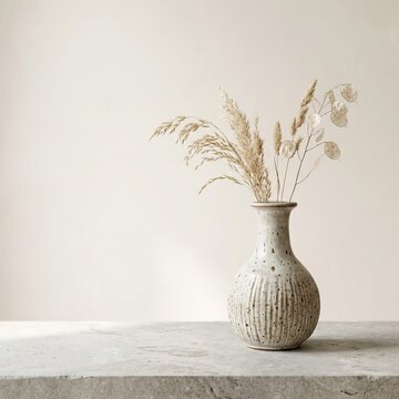 Minimalist Ceramic Vase with Dried Pampas Grass and Wheat Stalks on a Textured Surface.