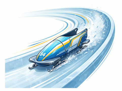 A blue and yellow bobsleigh racing down an icy track at high speed.