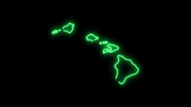 Neon green glowing map of hawaii islands outline animation on black background