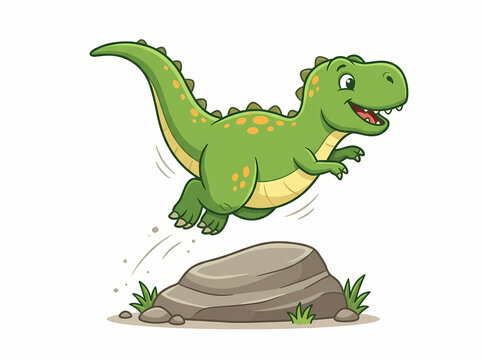 A cheerful green cartoon Tyrannosaurus Rex jumping over a large grey rock.
