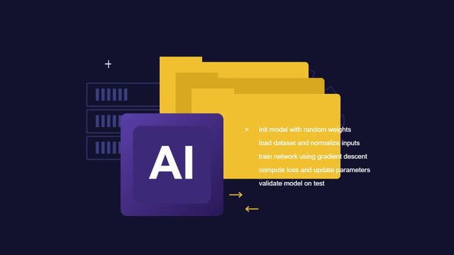 Artificial intelligence programming code running on screen with folder icons in digital motion video clip