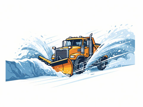 A vibrant illustration of a heavy duty yellow snow plow truck clearing a snowy road.