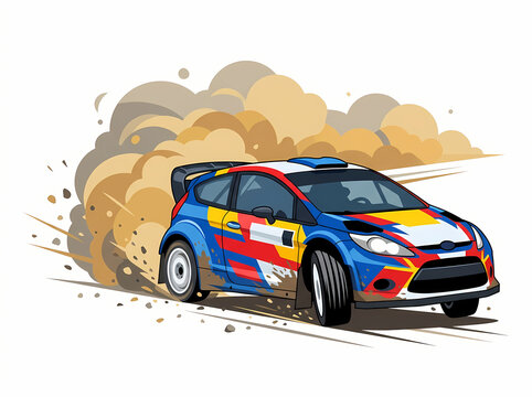 Colorful rally racing car drifting on a dirt track.