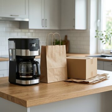 Modern Coffee Maker and Delivery Packages on Kitchen Countertop.