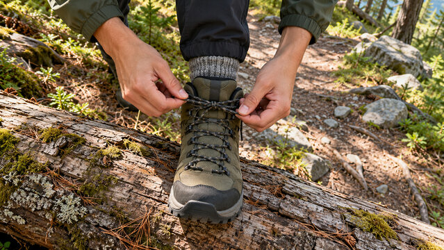 Mains enfilant des chaussures de randonn&eacute;e en for&ecirc;t