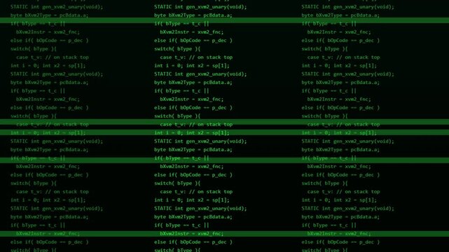 Computer programming code scrolling down on dark monitor screen in seamless loop video motion footage