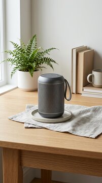 Modern dark grey insulated food jar with handle on a wooden table.