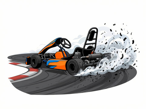 A vibrant orange and blue go-kart drifting around a sharp corner on a race track.