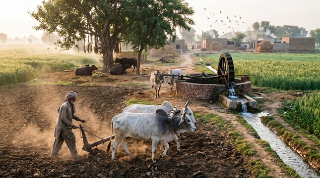 Rural farmer plowing agricultural field with oxen, traditional farming scene with water wheel, golden morning light