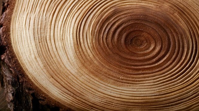 A close up view of tree rings showing concentric growth patterns in warm brown tones with natural wood texture